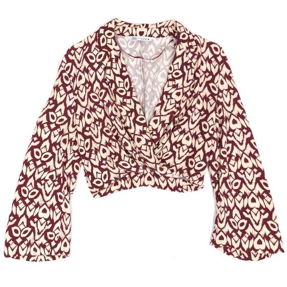 ZARA Linen Printed Wrap Blouse Crop Bell Sleeve Geometric Burgundy Cream XS - Picture 1 of 10